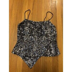 Cache Silk Embellished Sequin Asymmetric Hem Camisole Tank Top Black NWT Y2K L